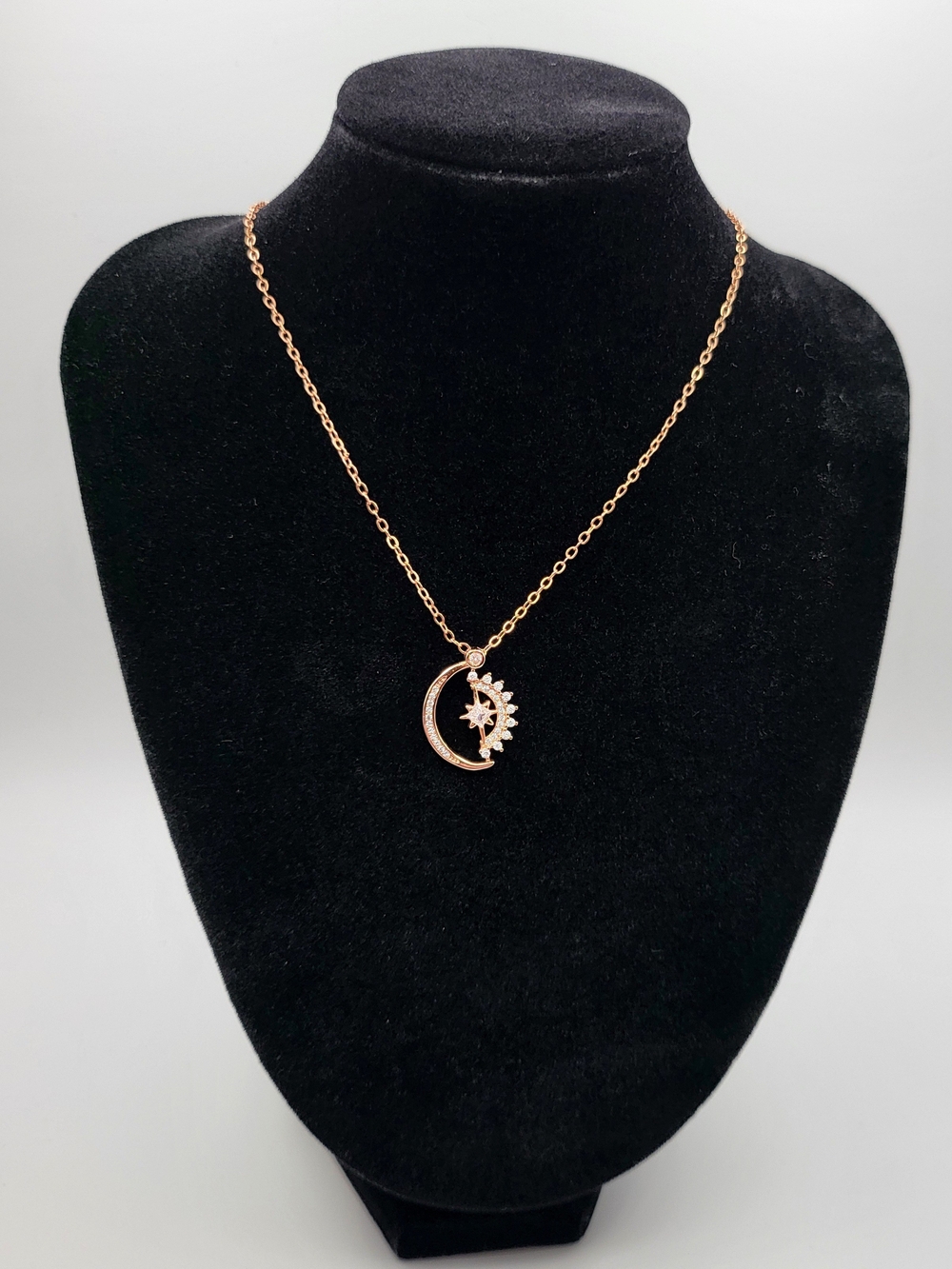 Rose Gold Tone CZ Crescent Moon Star Celestial Pendant Necklace